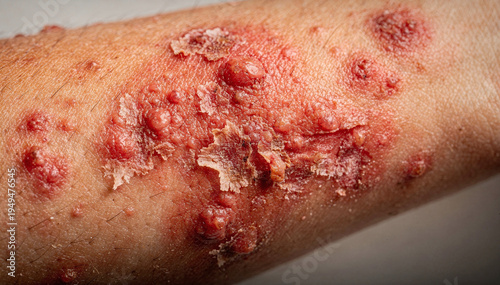 Close-up of human skin affliction with red, inflamed patches and peeling texture, showcasing dermatological concerns and discomfort in detail on forearm