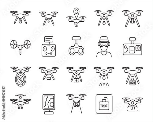 Modern drone line icons set with delivery surveillance and smart technology symbols