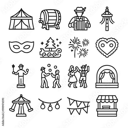 Collection of festive icons representing carnival, Oktoberfest, and holiday celebrations
