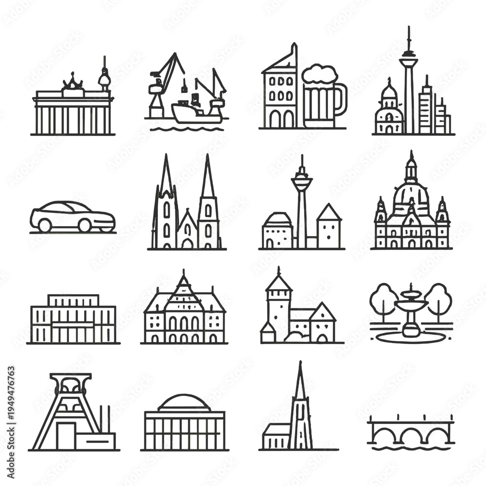Fototapeta premium Collection of German city landmarks and symbols in a clean line art style
