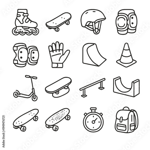 Collection of skate park equipment and protective gear icons in a clean outline style
