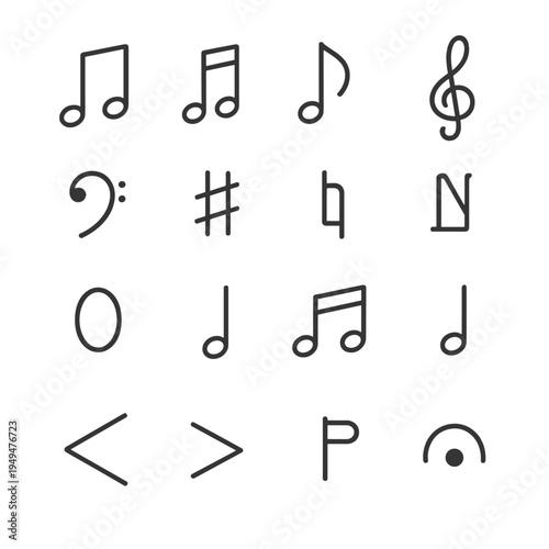 Collection of musical notation symbols and elements on a white background