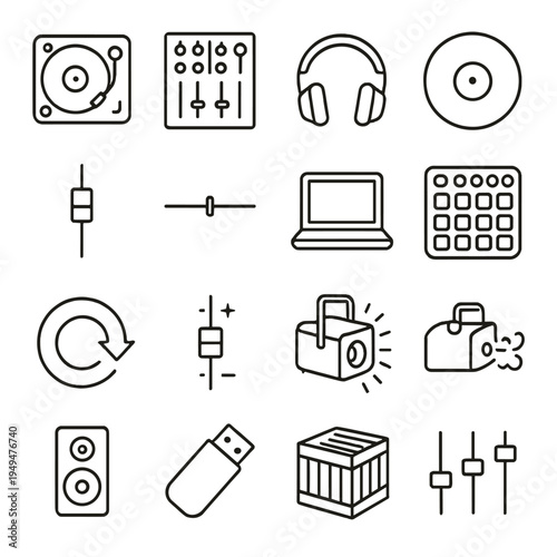 Collection of DJ equipment and music production icons in a clean outline style