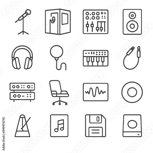Collection of music production and audio recording equipment icons in a clean line art style