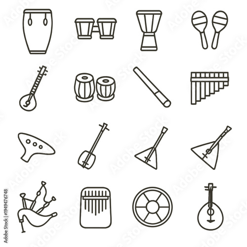 Collection of diverse musical instrument icons in a clean outline style