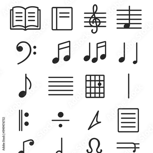 Collection of musical notation symbols and icons for music education and design