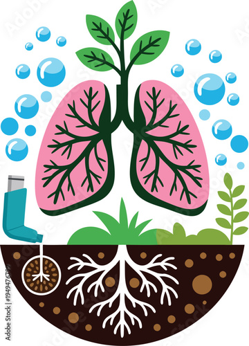 Human Lungs Tree with Inhaler and Air Bubbles Respiratory Health Concept Vector  