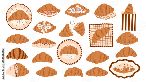 Modern retro vector set of various french croissants with berries, glaze, on plates, napkin. Hand drawn illustration collection, textured flat style for bakery menu, cafe branding, pastry shop decor