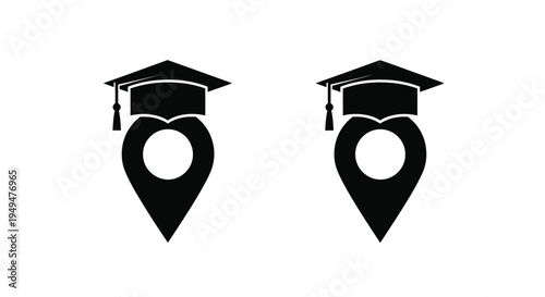 Two graduation cap and heart location pin icons in black and white