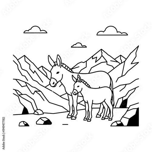 Donkeys in Mountain Landscape Line Art