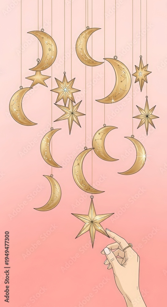 Fototapeta premium Golden moon and star mobile decoration.