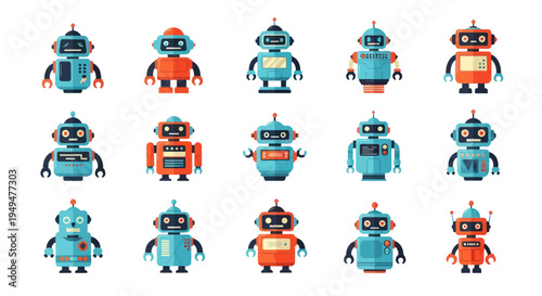 Collection of colorful cartoon robots on white background vector illustration