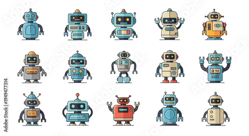 Collection of colorful cartoon robots on white background vector illustration