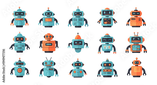Collection of colorful cartoon robots set on white background