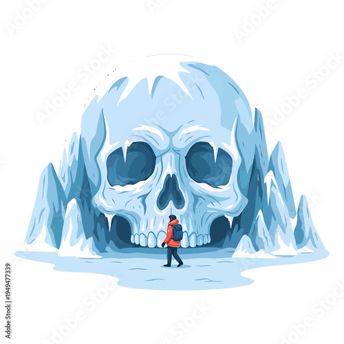 Man Hiking Towards Skull Shaped Ice Cave Entrance
