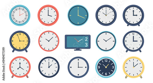 Collection of colorful clocks illustrations for time and schedule concepts