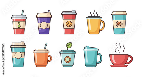 Collection of colorful coffee cups illustrations for design and advertising