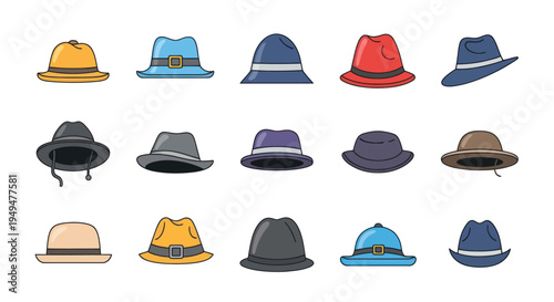 Collection of colorful fedora hats illustrated on white background