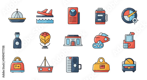 Collection of colorful icons representing travel and transportation concepts