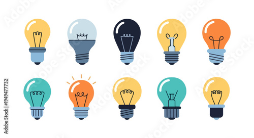 Collection of colorful light bulbs illustrations on white background