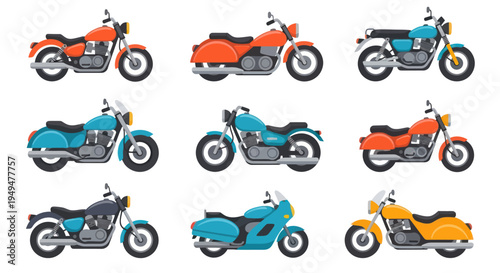 Collection of colorful motorcycle illustrations isolated on white background