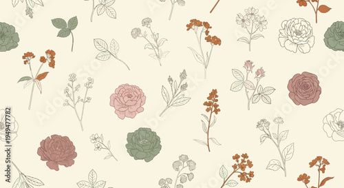 A beautiful floral pattern with colorful flowers and leaves on a cream background