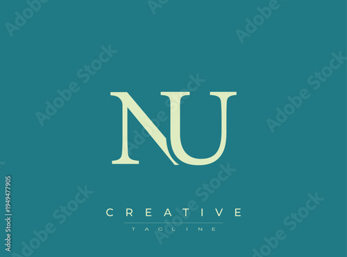 NU monogram logo design with creative tagline on teal background
