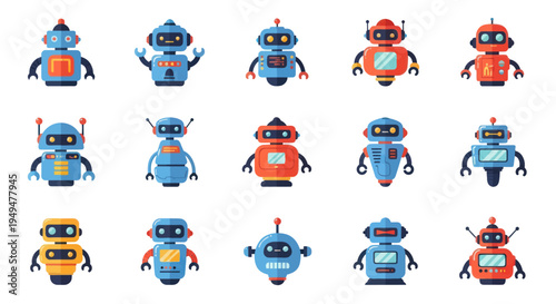 Collection of colorful robotic characters in various poses and designs