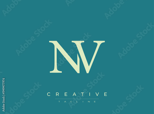 NV monogram logo template with creative tagline on blue background