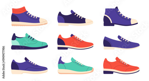 Collection of colorful sneakers isolated vector illustrations of footwear