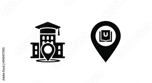 Black icons depicting a university building and a location with a book