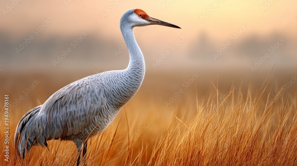 Obraz premium Sandhill Crane Standing Majestically in Tall Prairie Grass at Sunrise