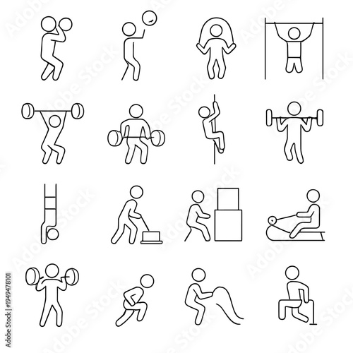 Collection of simple line art icons depicting various sports and fitness activities for a healthy lifestyle