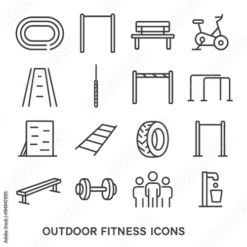 Collection of outdoor fitness equipment icons for a healthy lifestyle and exercise