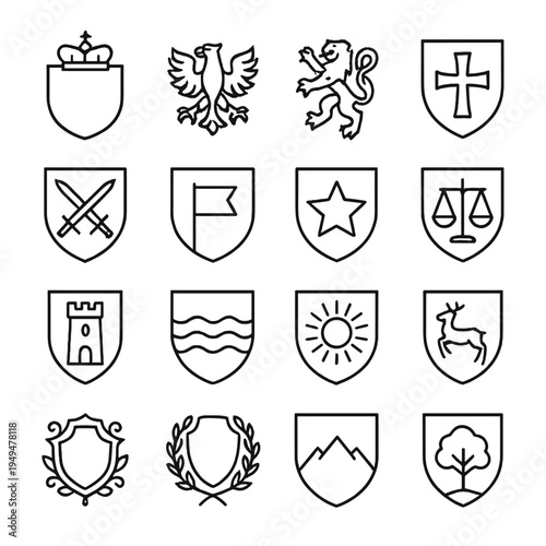 Collection of heraldic shield emblems and symbols in a clean outline style
