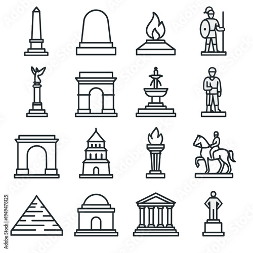 Collection of iconic monument and landmark line art icons representing global architecture and history