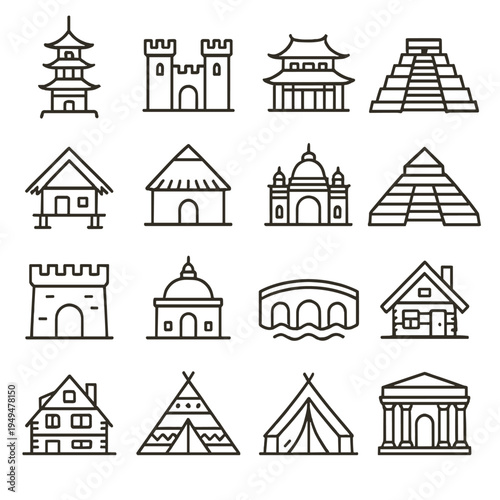 Collection of diverse architectural building icons representing different cultures and eras