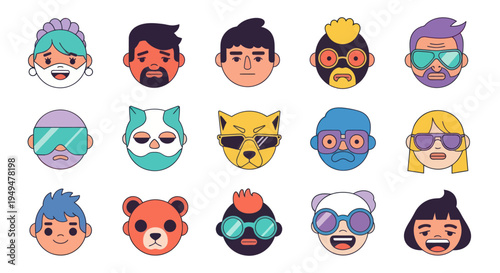 Collection of diverse cartoon face illustrations with sunglasses and expressions