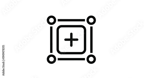 Black outline of a square with a plus sign surrounded by circles