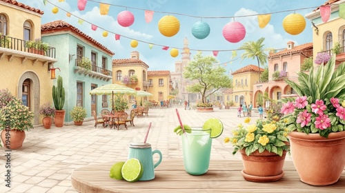 Vibrant Retro Postcard Style of a Sunny Mexican Plaza with Decorations