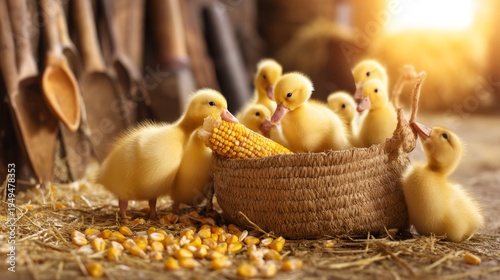 Yellow Ducklings Pecking at Corn in a Basket Surrounded by Tools