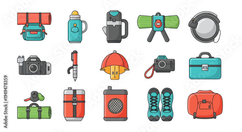 Collection of illustrated travel and outdoor recreation equipment elements