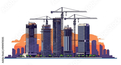 Modern Cityscape Under Construction with Cranes and Skyscrapers.