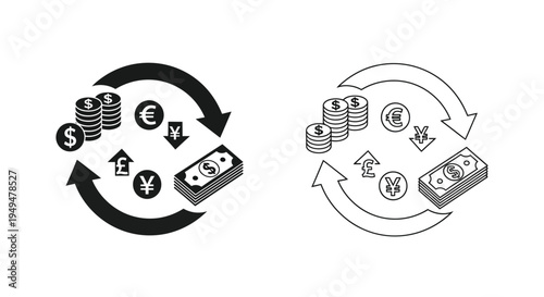 Currency exchange illustration depicting financial transactions and global money flow