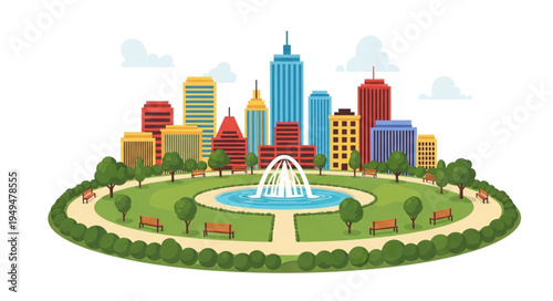 City park with fountain and skyscrapers in the background.