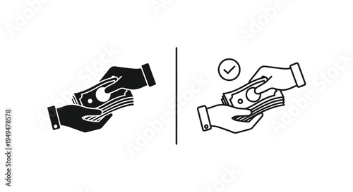 Two depictions of hands exchanging money one with a checkmark
