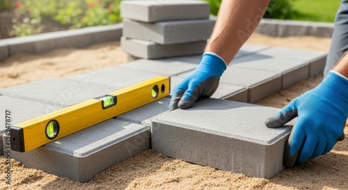 Man laying concrete paving stone on sand for patio construction. Worker using spirit level to check surface for flat alignment of walkway. Home garden improvement and hardscape project.