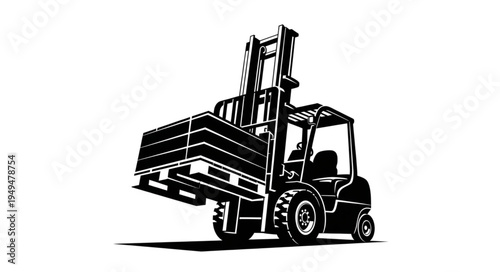 Forklift truck lifting a pallet of goods in a warehouse.