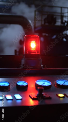 A dimly lit industrial control panel with a bright red warning light and various blue and red illuminated buttons and dials