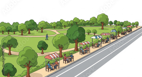 People enjoying a sunny day in a beautiful city park with trees and paths.